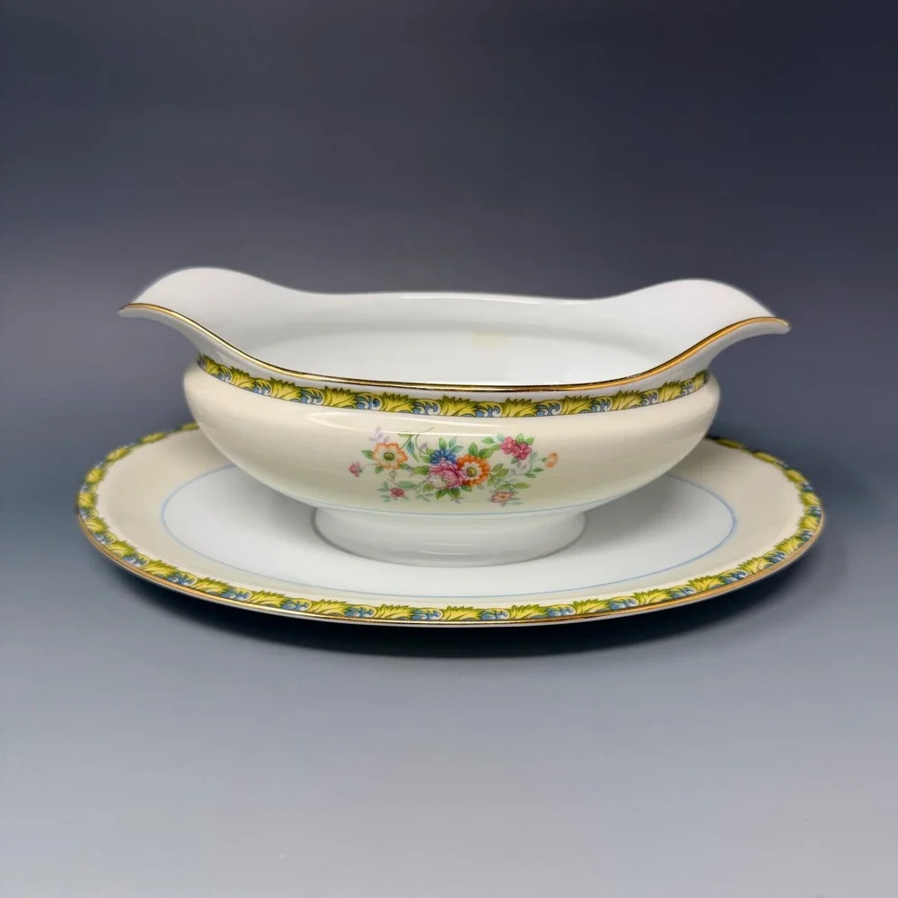 Vintage‎ Noritake Morimura Gravy Boat with Attached Underplate Floral Gold Trim